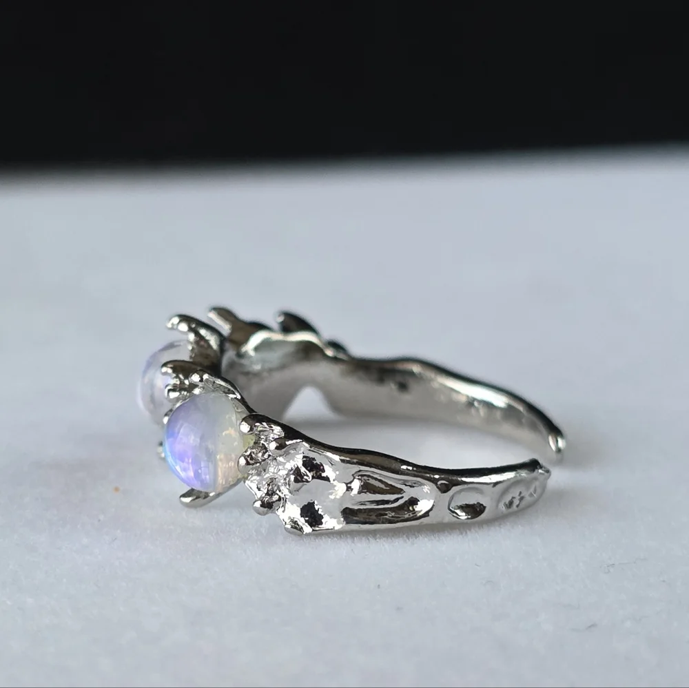 Triple Opalite Orb Moonlight Celestial Open Back Ring Faux Moonstone Opal Size 5